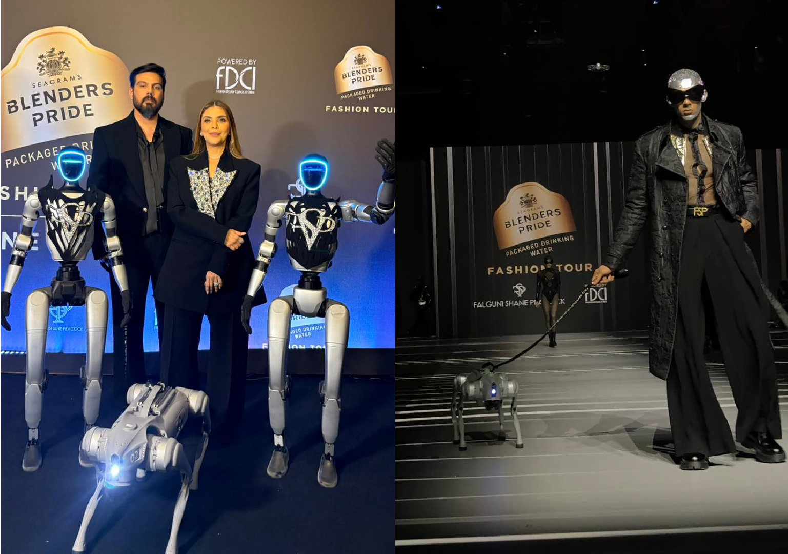 Humanoid robots positioned on the Blenders Pride Fashion Tour ramp under show lighting