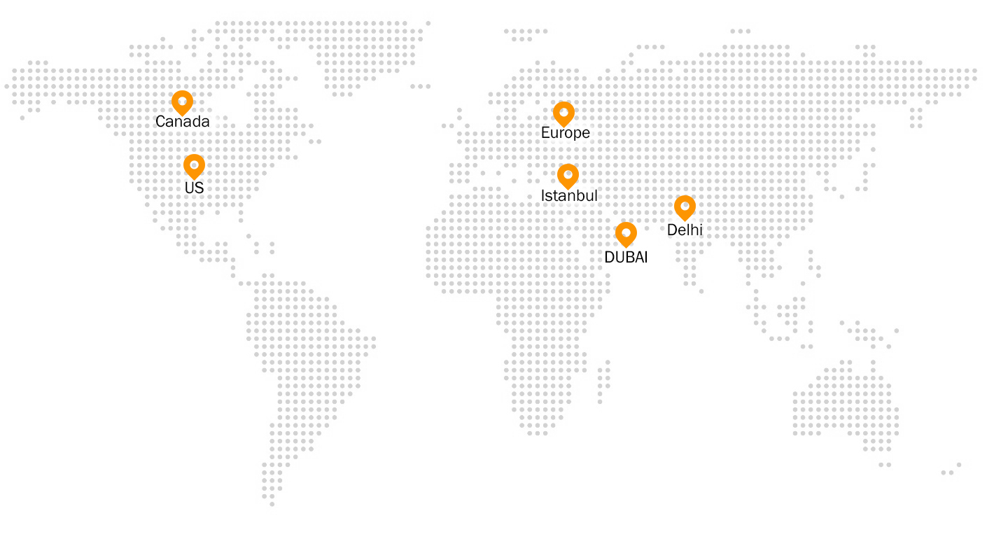 Map of Showmonk’s global reach across Canada, the US, Europe, Istanbul, Dubai and Delhi